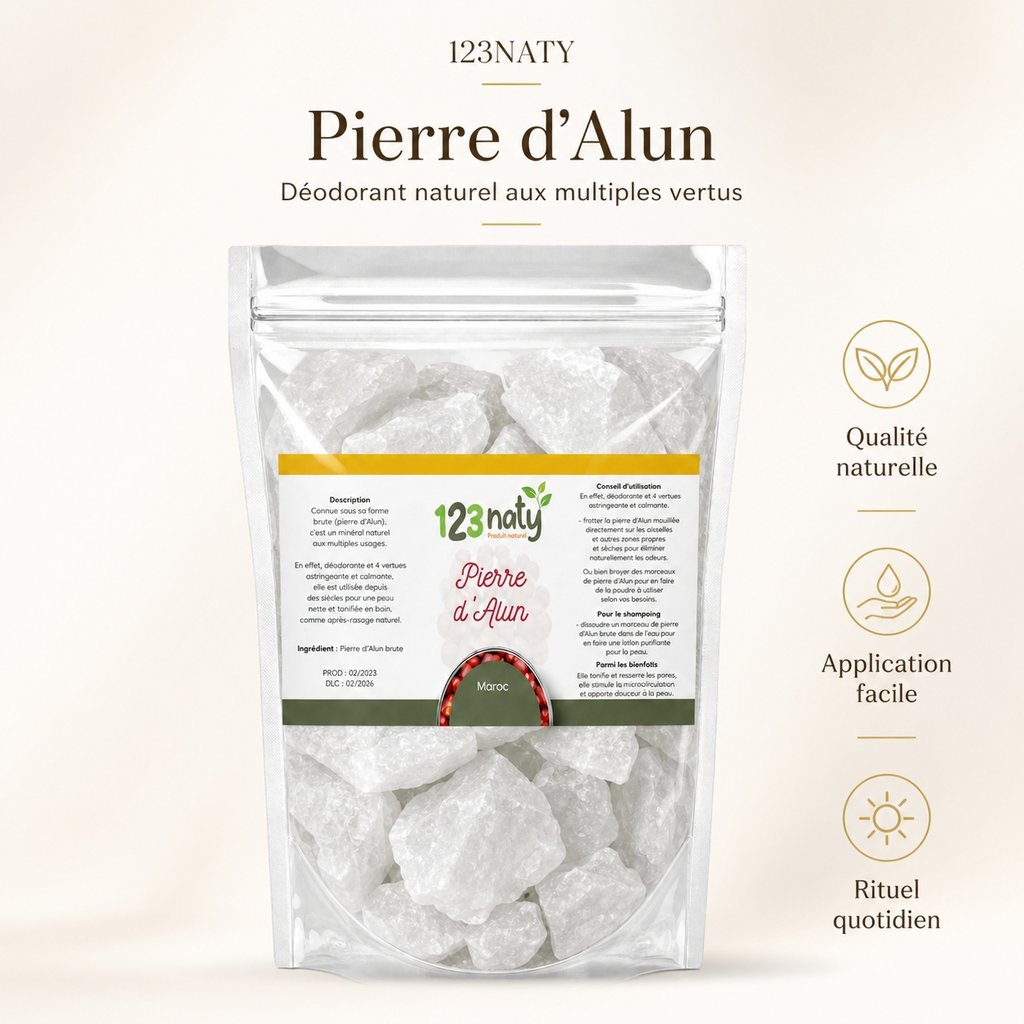 Pierre d’alun brute 1 kg | 123NATY — Infographie bénéfices clés