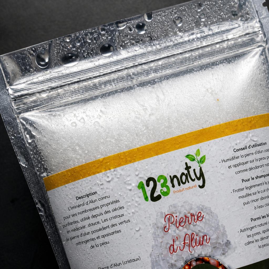 1kg Pierre d'Alun Poudre Cristaux | 123NATY — Détail macro du flacon
