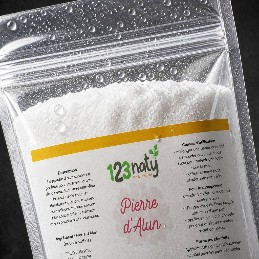 1kg Pierre d'Alun Poudre Surfine | 123NATY — Détail macro du flacon