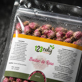 1kg Bouton de Rose Séchée | 123NATY — Détail macro du flacon