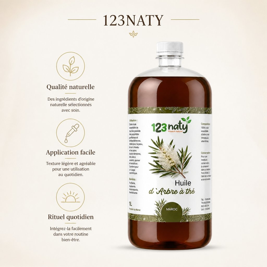 1L Huile d'Arbre de Thé Végétale | 123NATY — Infographie bénéfices clés
