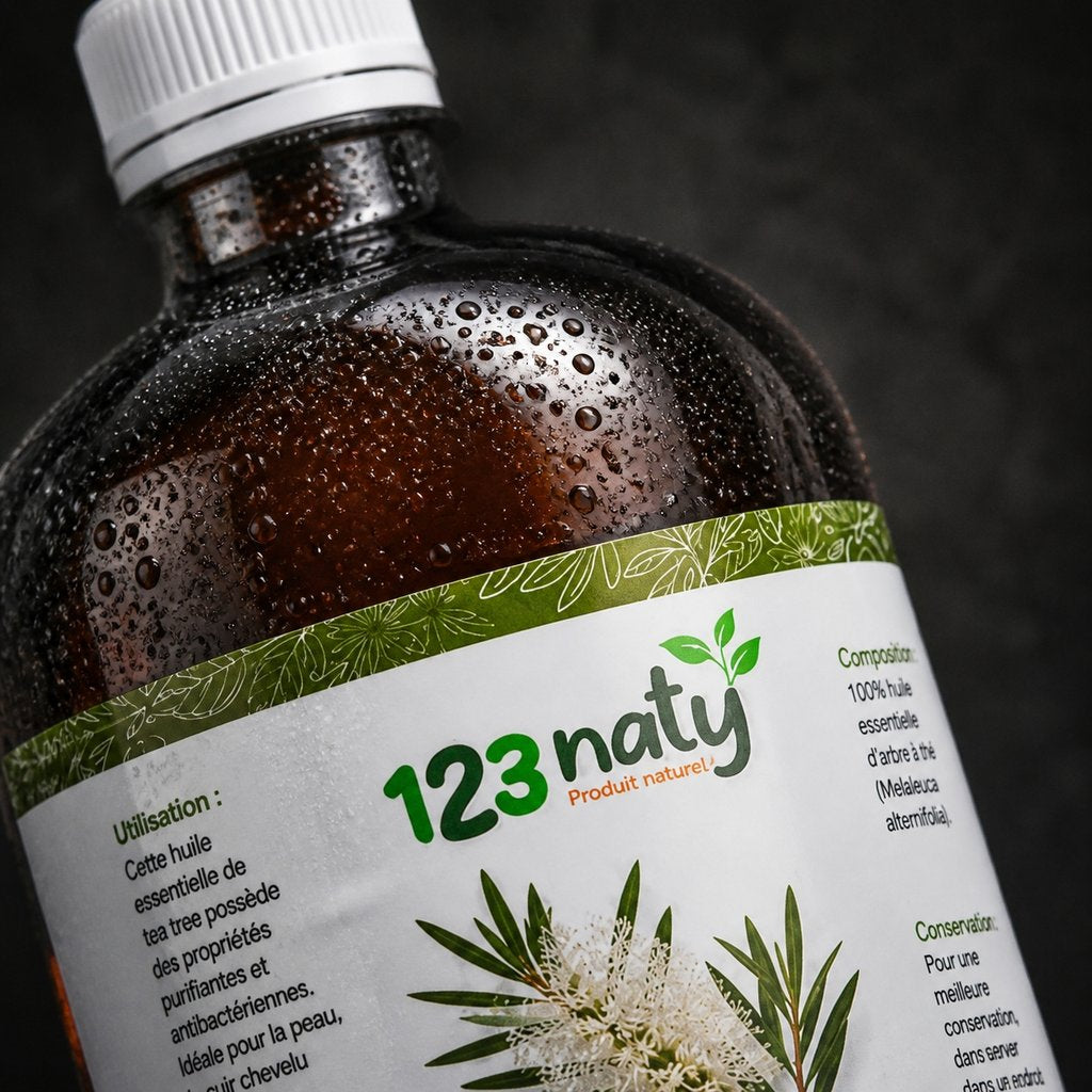 1L Huile d'Arbre de Thé Végétale | 123NATY — Détail macro du flacon
