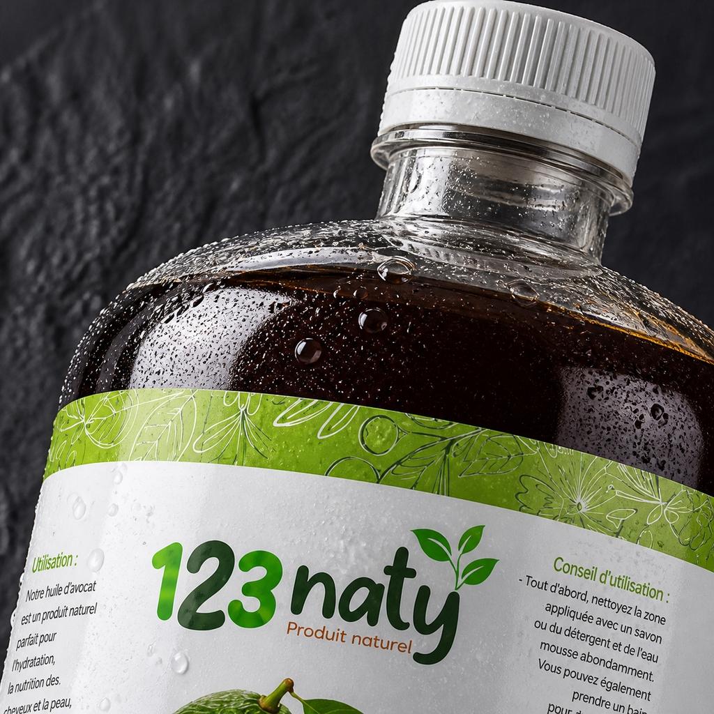 1L Huile d'Avocat | 123NATY — Détail macro du flacon