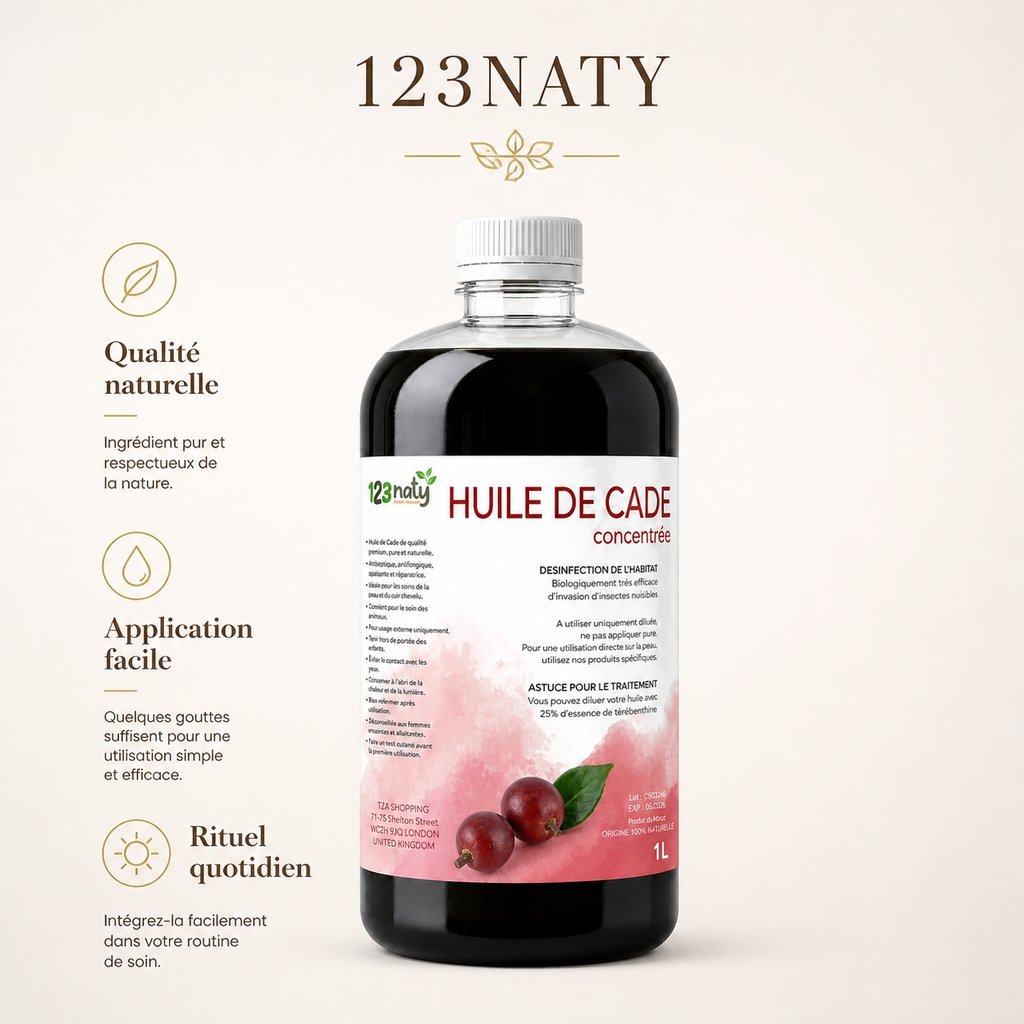 1L Huile de Cade Concentrée | 123NATY — Infographie bénéfices clés