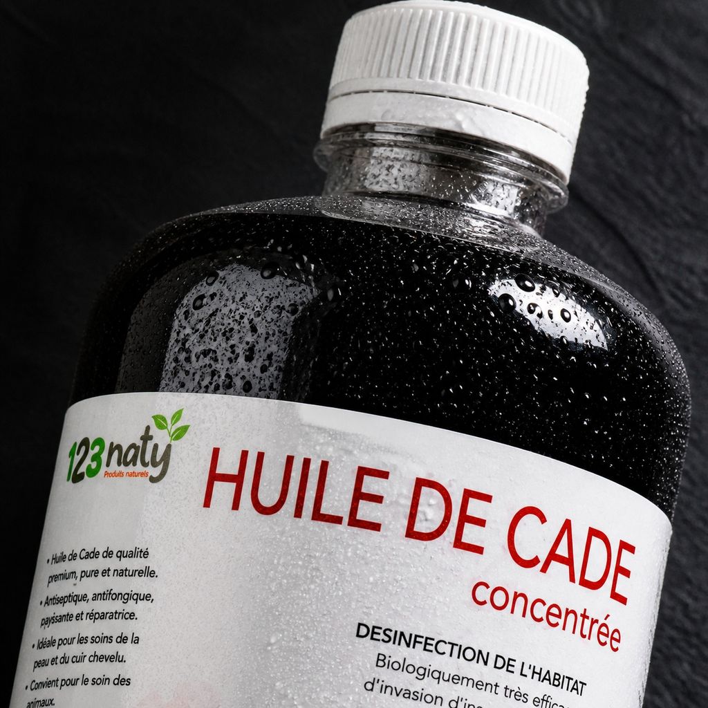 1L Huile de Cade Concentrée | 123NATY — Détail macro du flacon