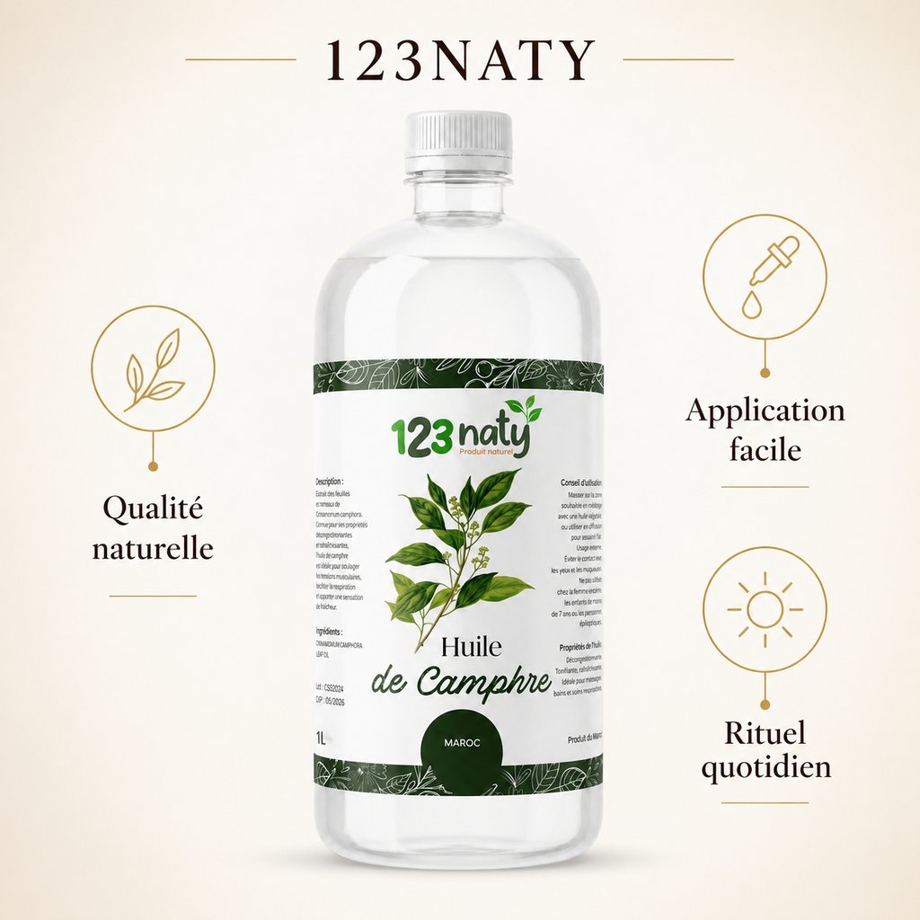 1L Huile de Camphre | 123NATY — Infographie bénéfices clés