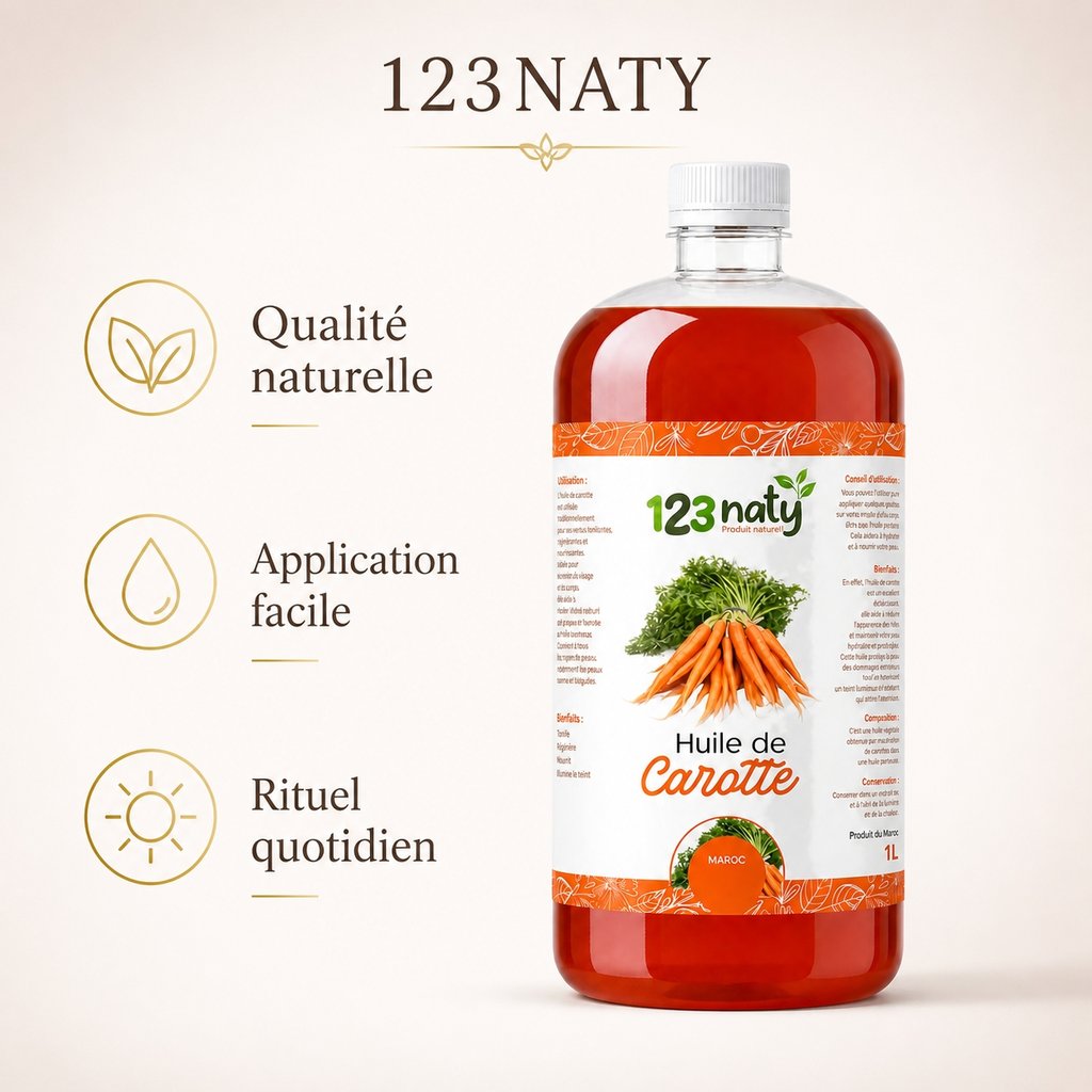 1L Huile de Carotte | 123NATY — Infographie bénéfices clés