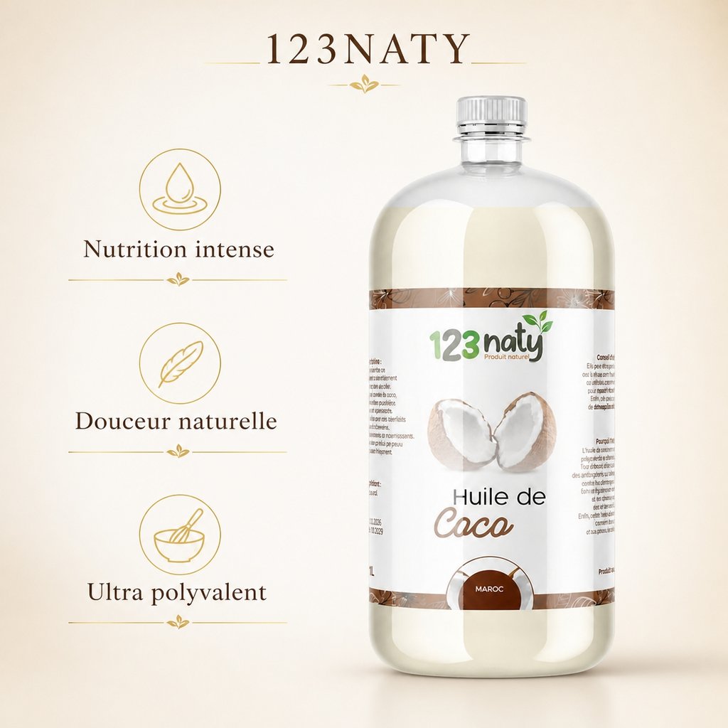 1L Huile de Coco | 123NATY — Infographie bénéfices clés