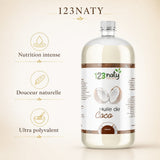 1L Huile de Coco | 123NATY — Infographie bénéfices clés