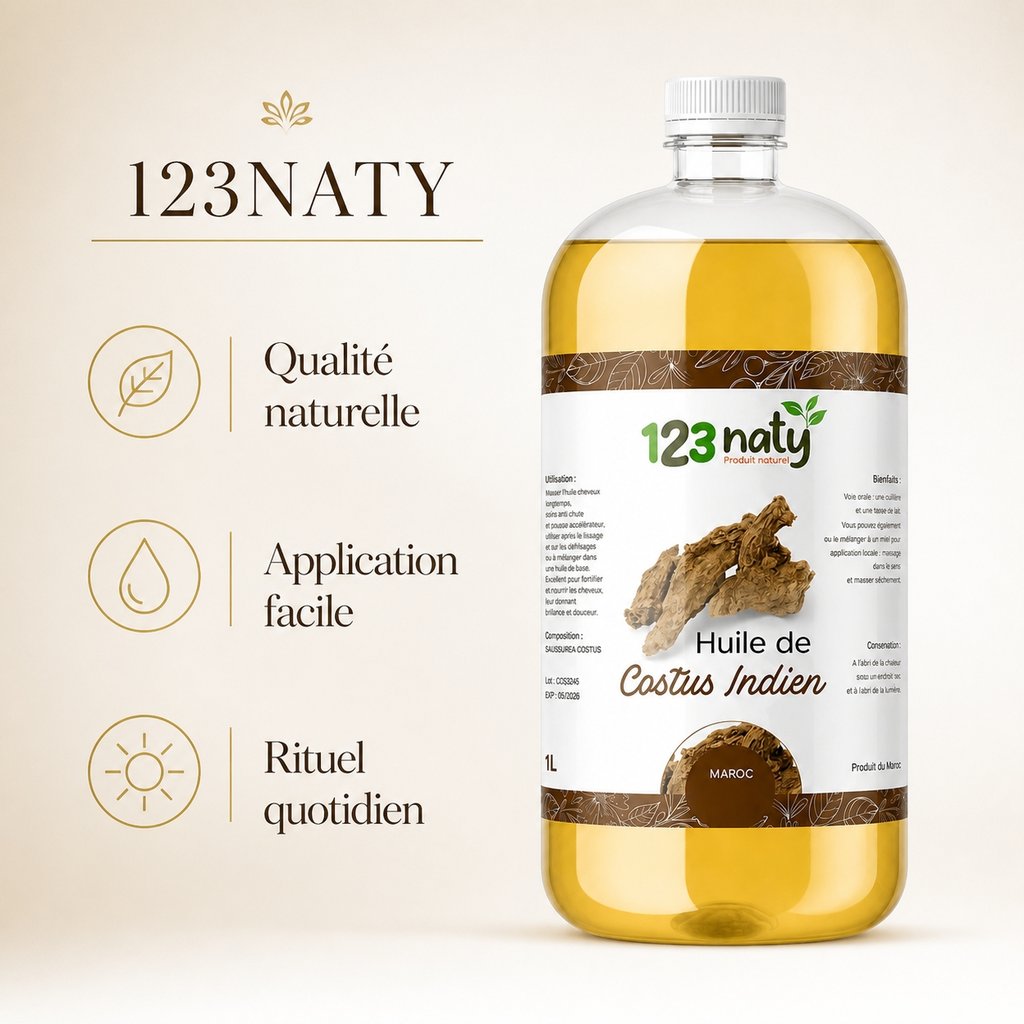 1L Huile de Costus Indien – 100% Naturelle – Vitalité & Détox | 123NATY — Infographie bénéfices clés