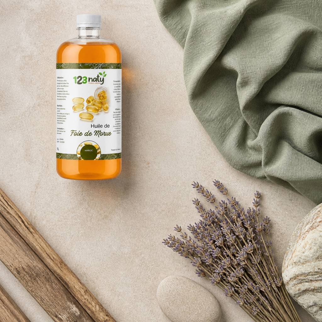 1L Huile de Foie de Morue Cosmétique | 123NATY — Ambiance flat lay