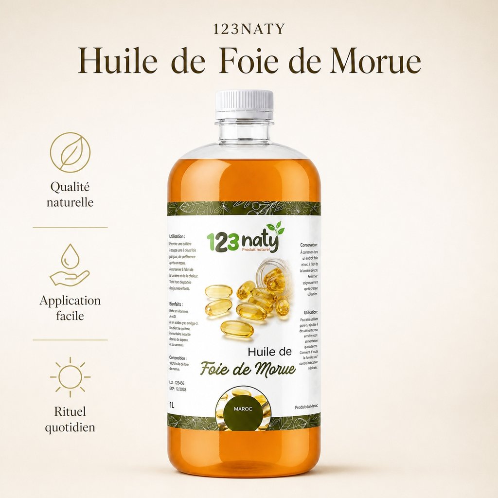 1L Huile de Foie de Morue Cosmétique | 123NATY — Infographie bénéfices clés