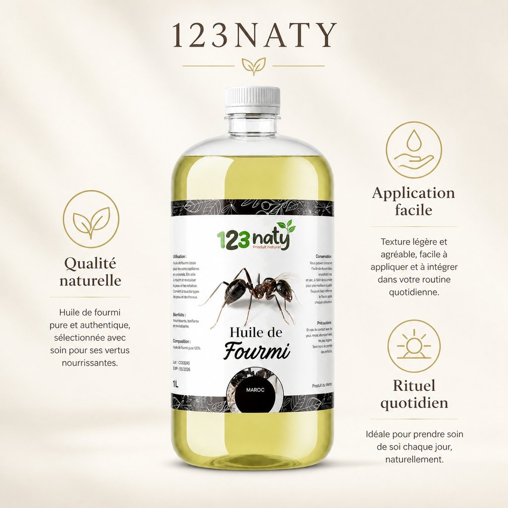 1L Huile de Fourmi | 123NATY — Infographie bénéfices clés