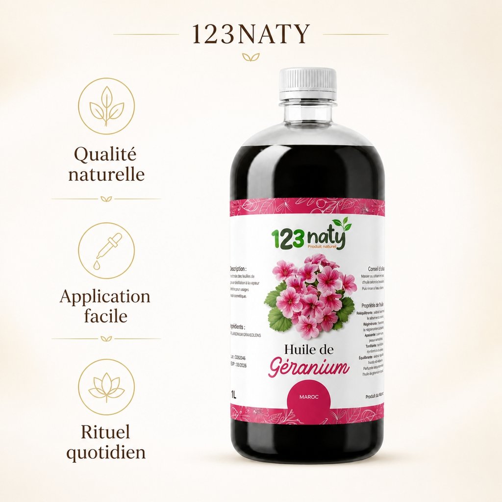 1L Huile de Geranium | 123NATY — Infographie bénéfices clés
