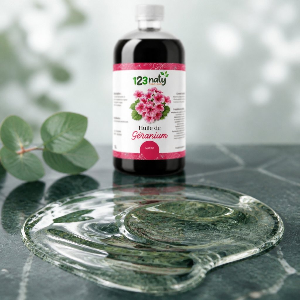 1L Huile de Geranium | 123NATY — Texture en gros plan