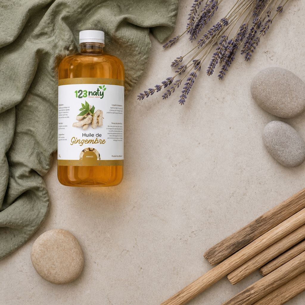 1L Huile de Gingembre – 100% Naturelle – Massage & Bien-être | 123NATY — Ambiance flat lay