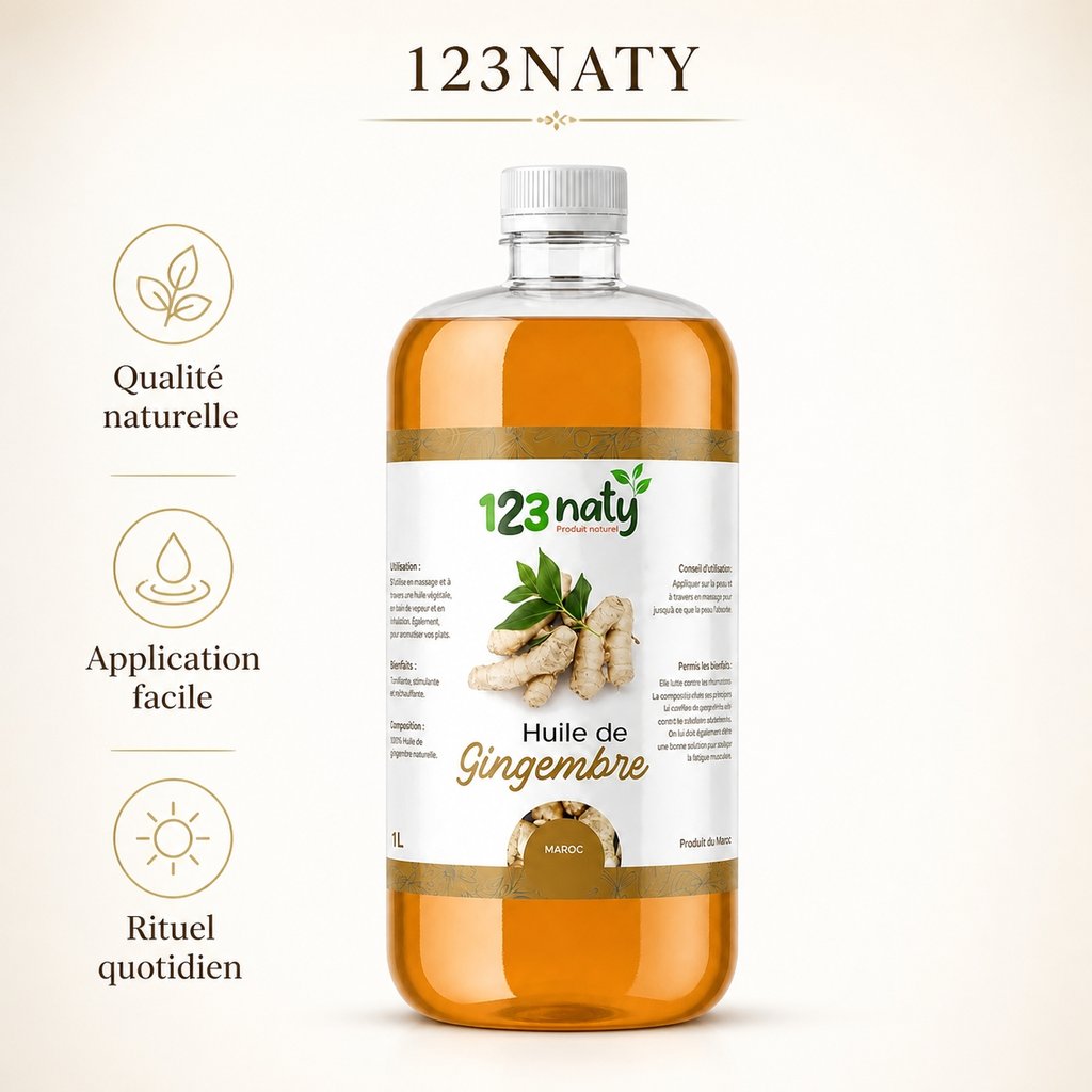 1L Huile de Gingembre – 100% Naturelle – Massage & Bien-être | 123NATY — Infographie bénéfices clés
