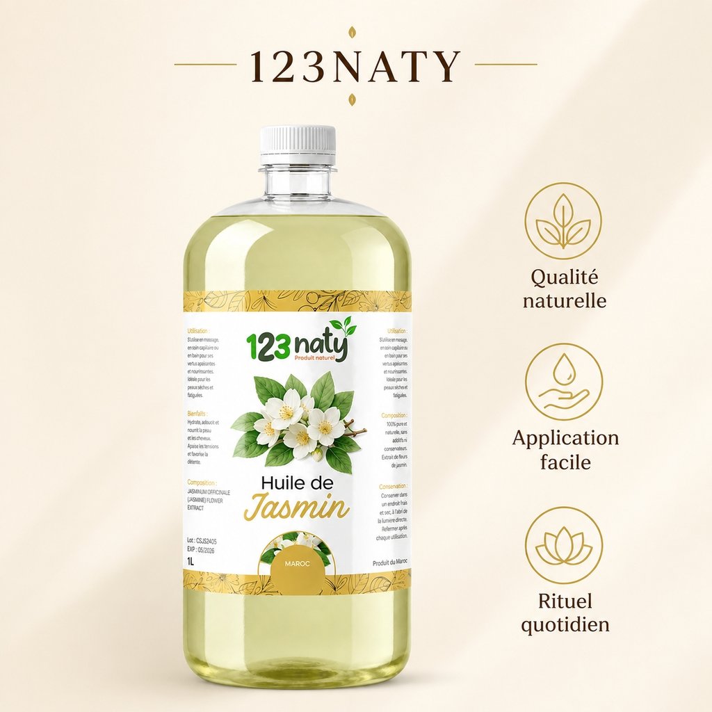 1L Huile de Jasmin | 123NATY — Infographie bénéfices clés