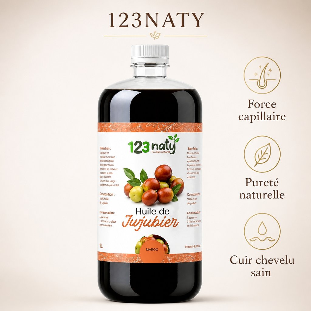 1L Huile de Jujubier (Sidr) – 100% Naturelle – Soin Cheveux & Peau | 123NATY — Infographie bénéfices clés