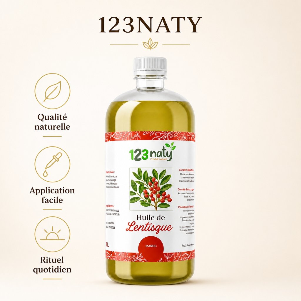 1L Huile de Lentisque | 123NATY — Infographie bénéfices clés