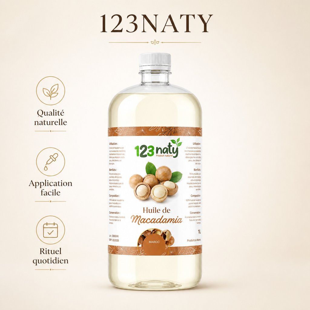 1L Huile de Macadamia | 123NATY — Infographie bénéfices clés