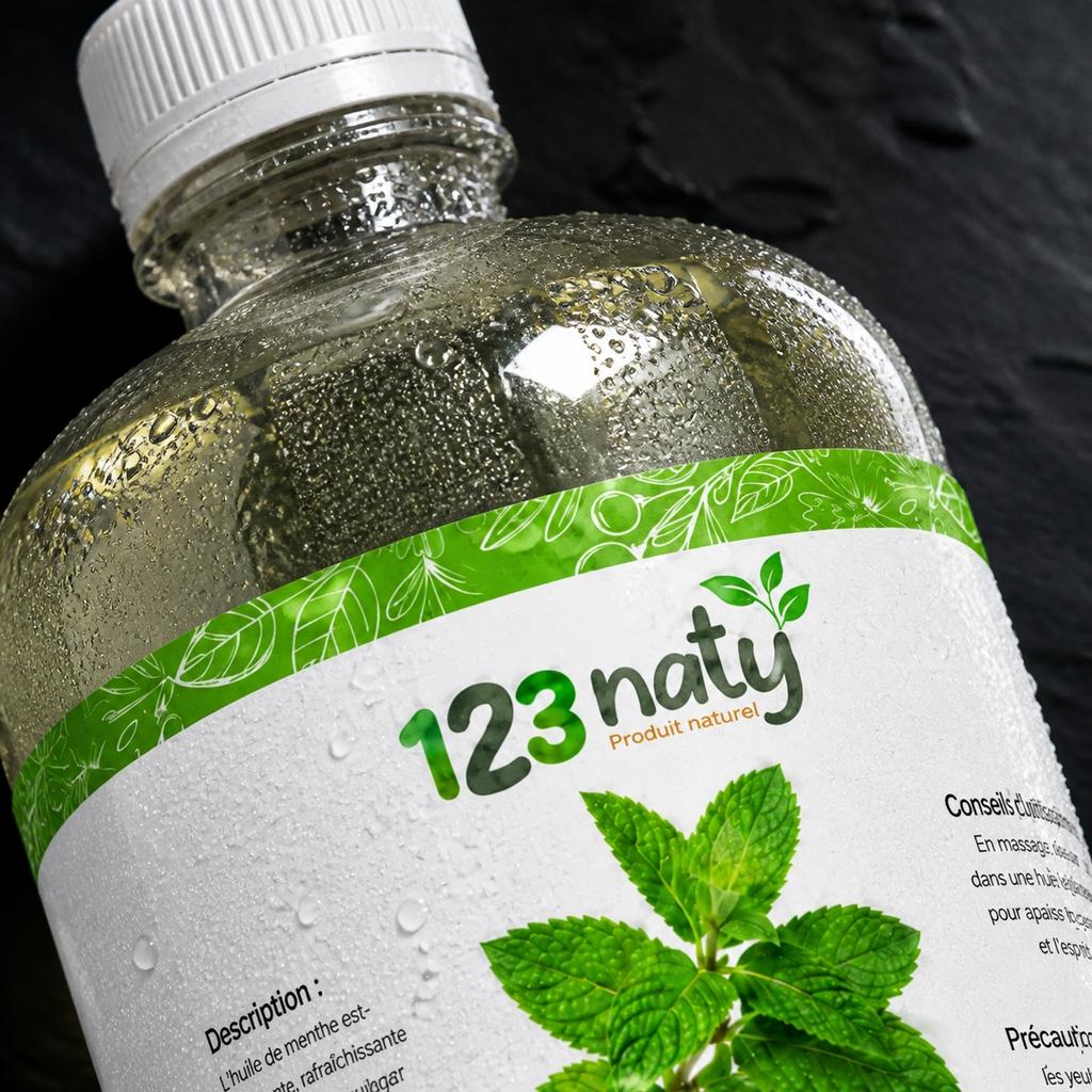 1L Huile de Menthe | 123NATY — Détail macro du flacon