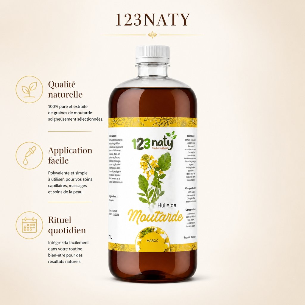1L Huile de Moutarde | 123NATY — Infographie bénéfices clés