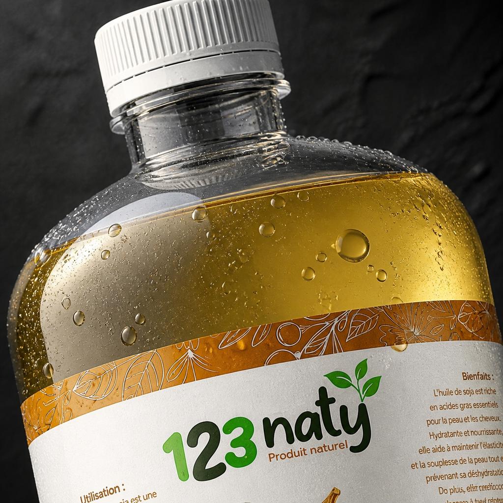 1L Huile de Soja Cosmétique | 123NATY — Détail macro du flacon