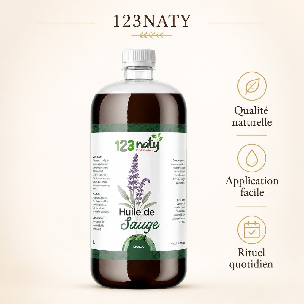 1L Huile de Sauge Végétale – Soin du Corps et Massage Naturel | 123NATY — Infographie bénéfices clés