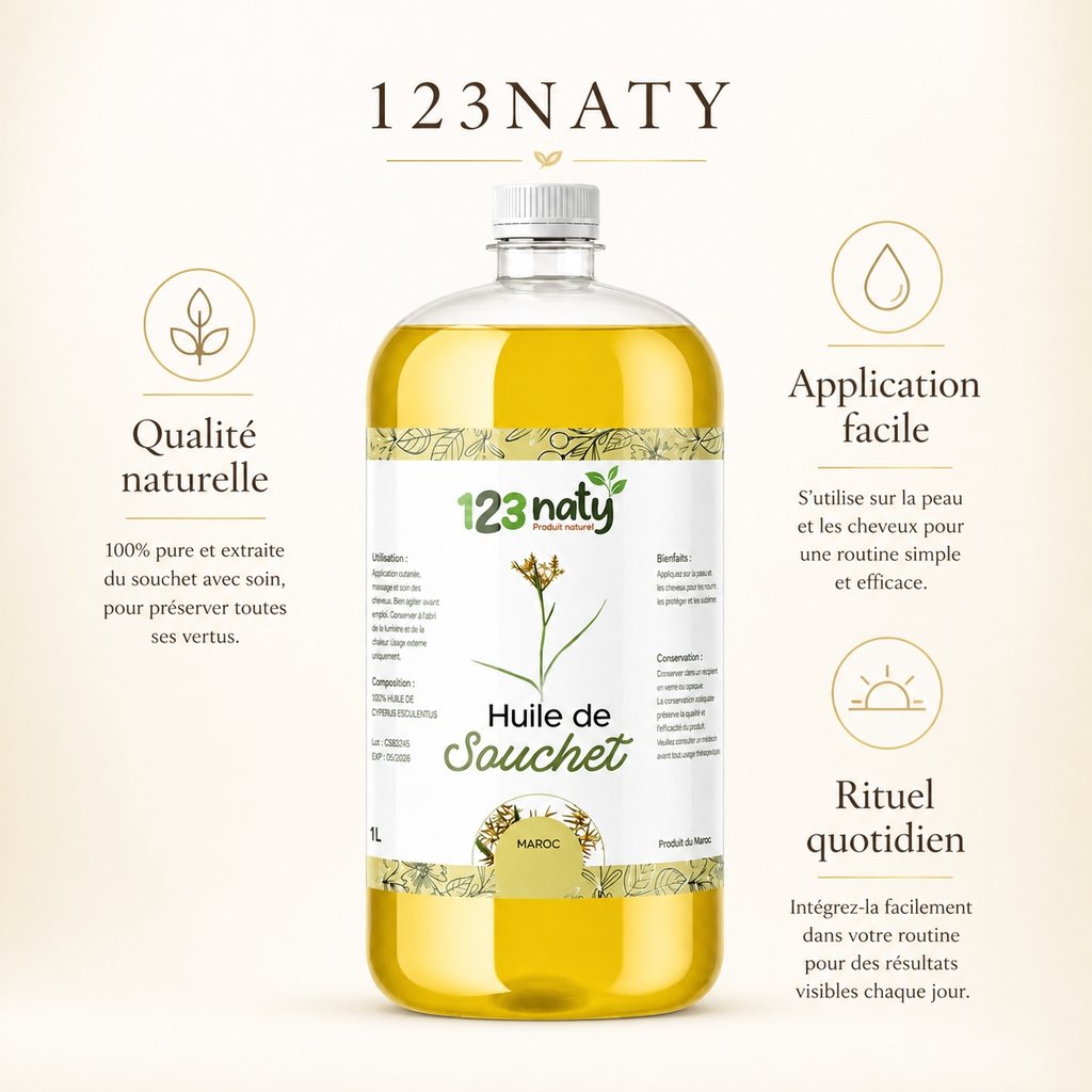 1L Huile de Souchet – Beauté & Bien-être – Usage Traditionnel | 123NATY — Infographie bénéfices clés