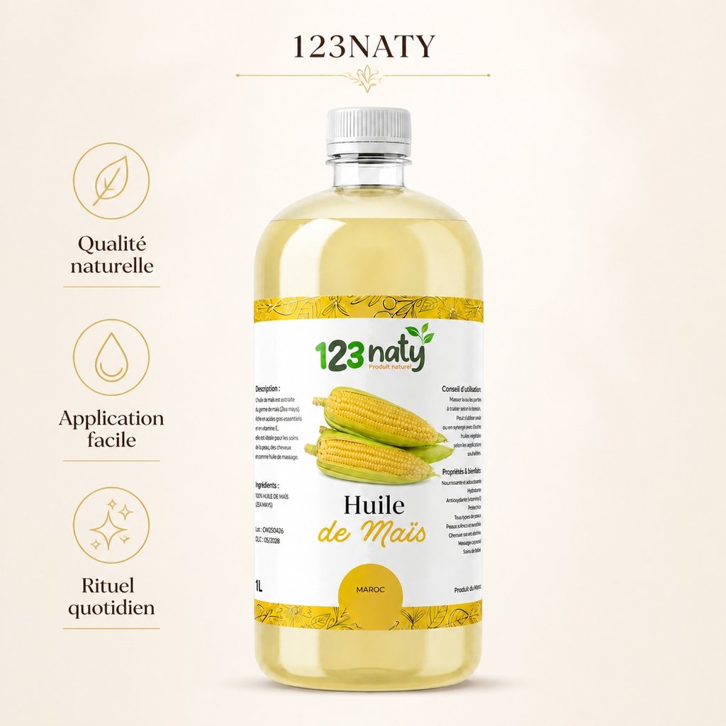 1L Huile Maïs | 123NATY — Infographie bénéfices clés