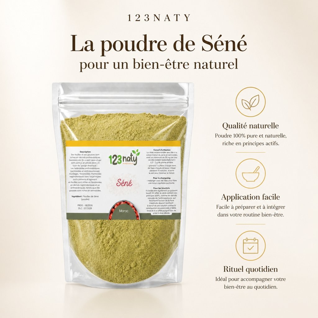 Pack 1kg Feuille de Séné & 1kg Feuille de Séné en Poudre | 123NATY — Infographie bénéfices clés