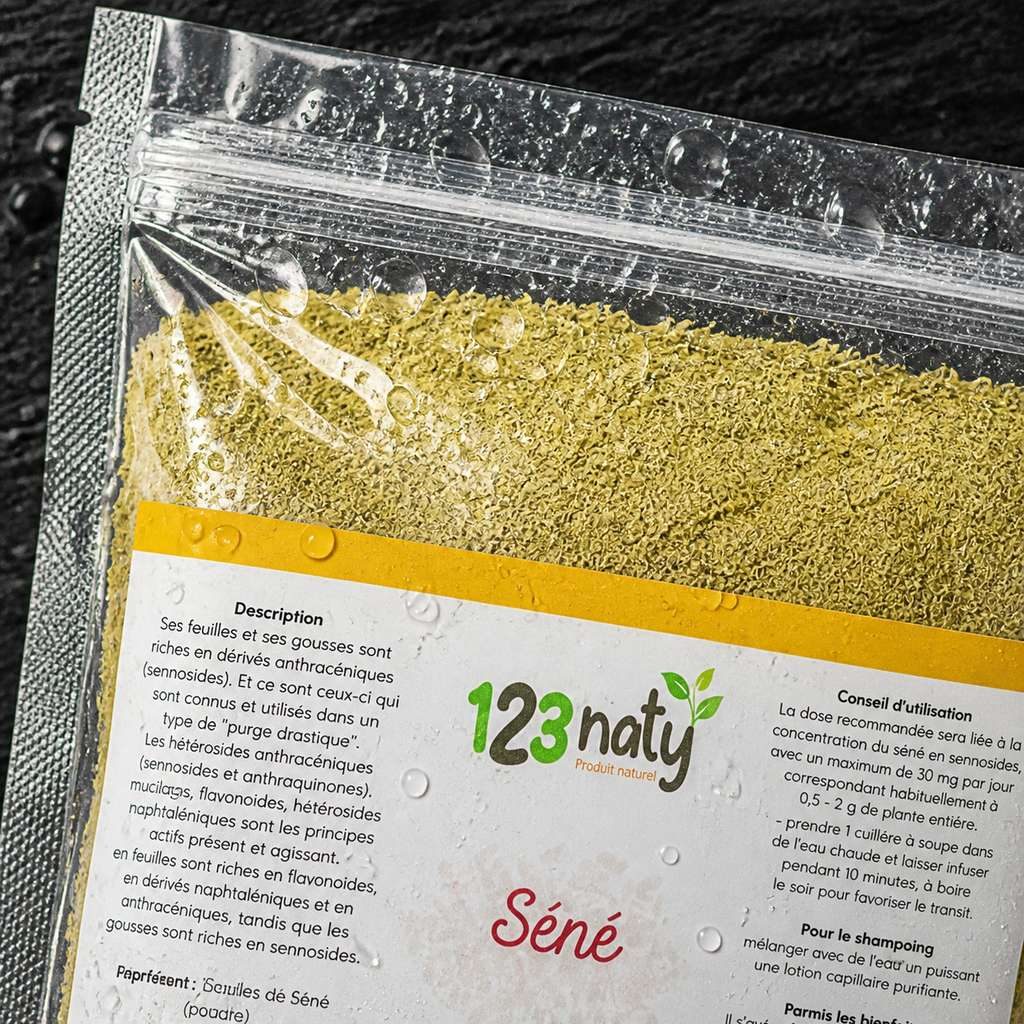 Pack 1kg Feuille de Séné & 1kg Feuille de Séné en Poudre | 123NATY — Détail macro du flacon