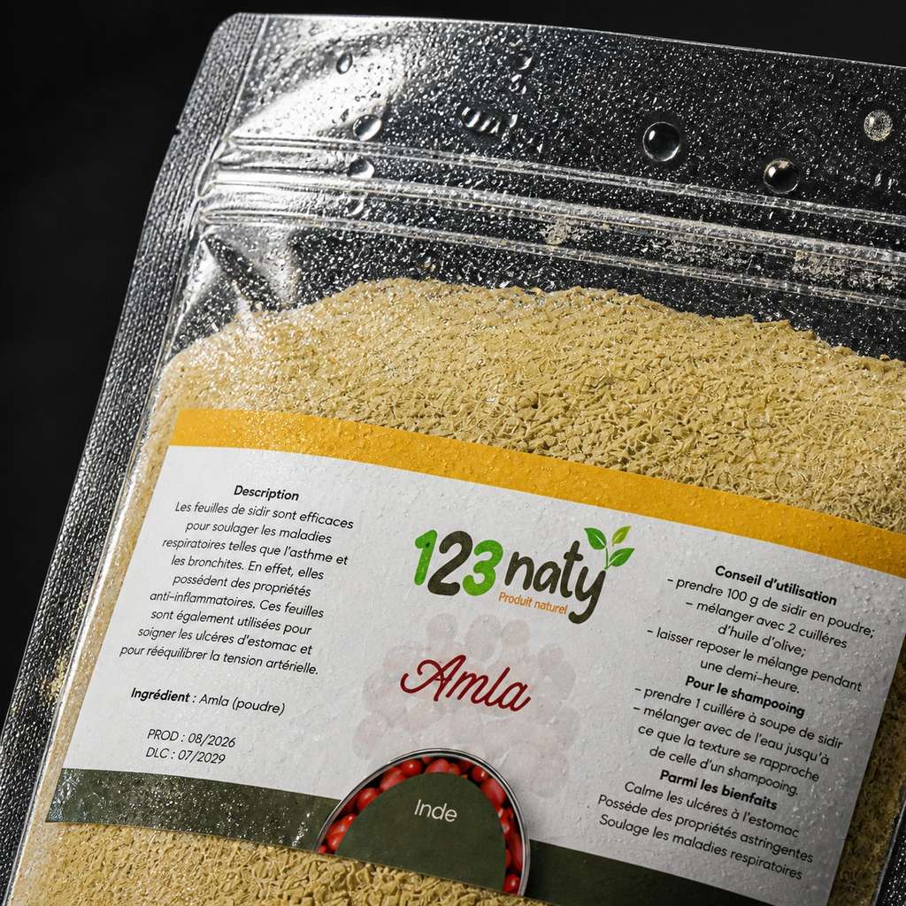2X 100g Amla poudre | 123NATY — Détail macro du flacon