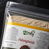 2X  100g Ashwaghanda en Poudre | 123NATY — Détail macro du flacon