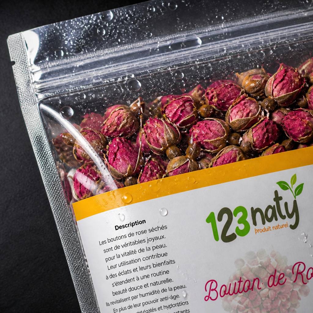 2X  100g Bouton de Rose Séchée | 123NATY — Détail macro du flacon