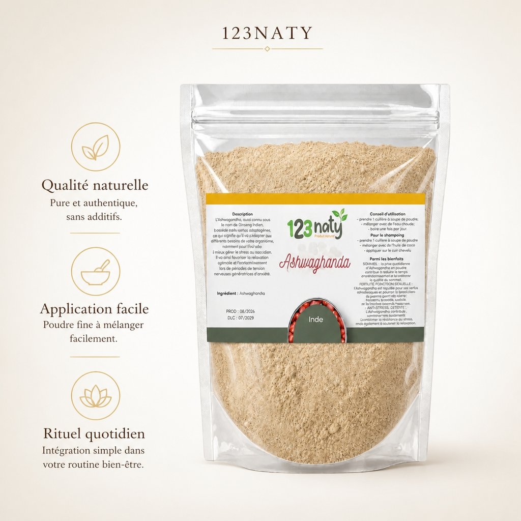 2X 1kg Ashwaghanda | 123NATY — Infographie bénéfices clés