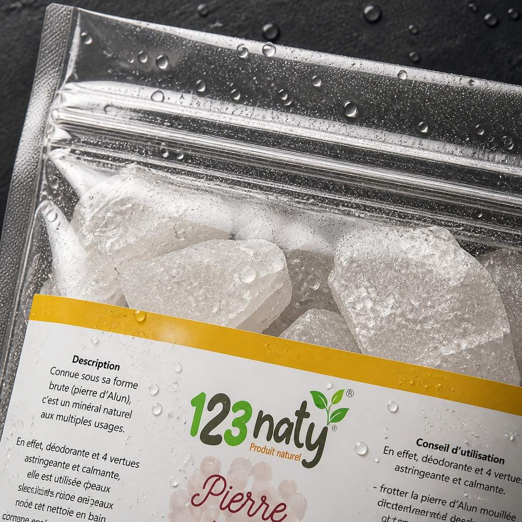 2X 1kg Pierre d'Alun brut | 123NATY — Détail macro du flacon