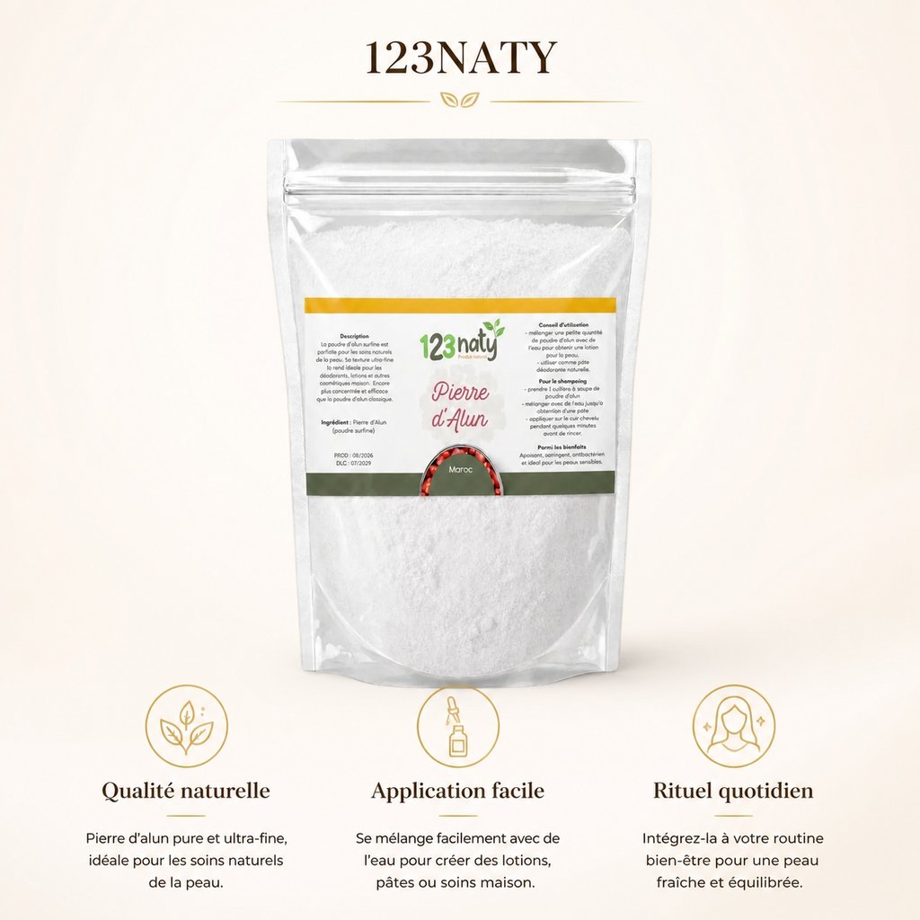 2X 1kg Pierre d'Alun Poudre Surfine | 123NATY — Infographie bénéfices clés