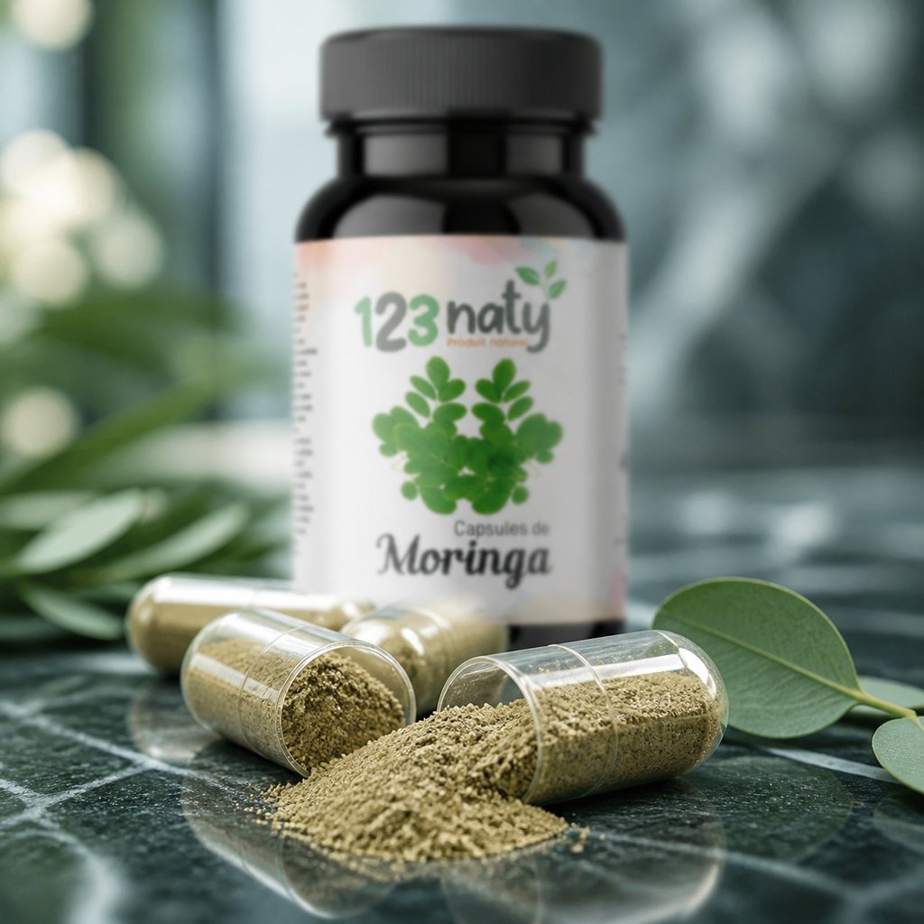 50 Capsules de Moringa | 123NATY — Texture en gros plan