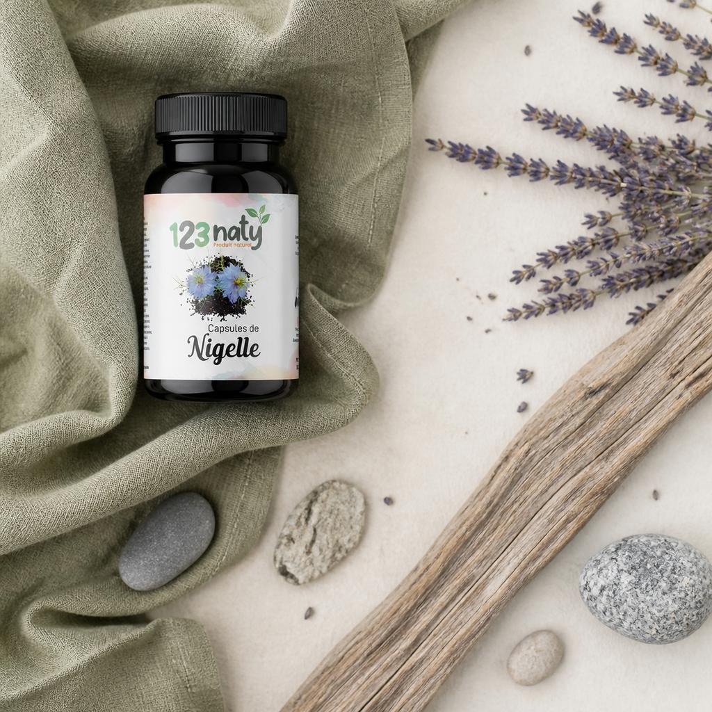 50 Capsules de Nigelle | 123NATY — Ambiance flat lay