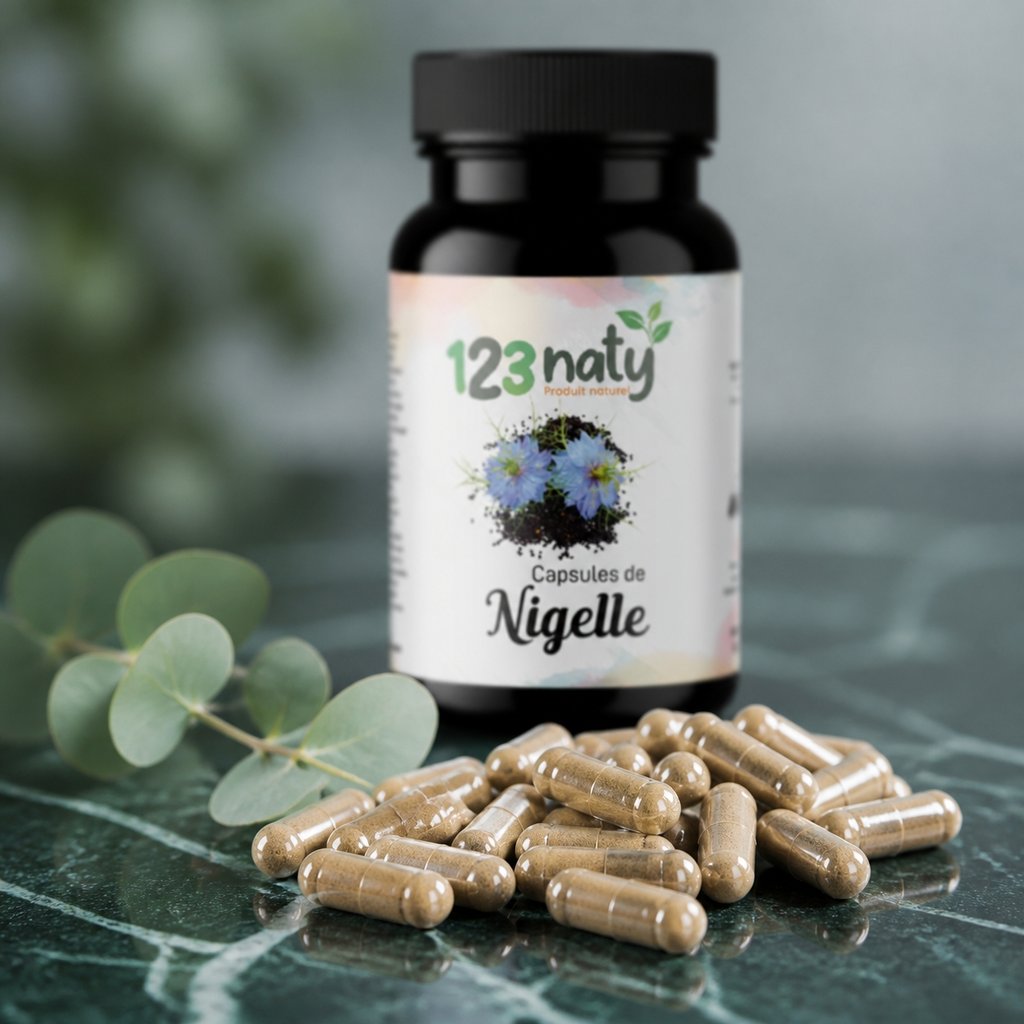 50 Capsules de Nigelle | 123NATY — Texture en gros plan