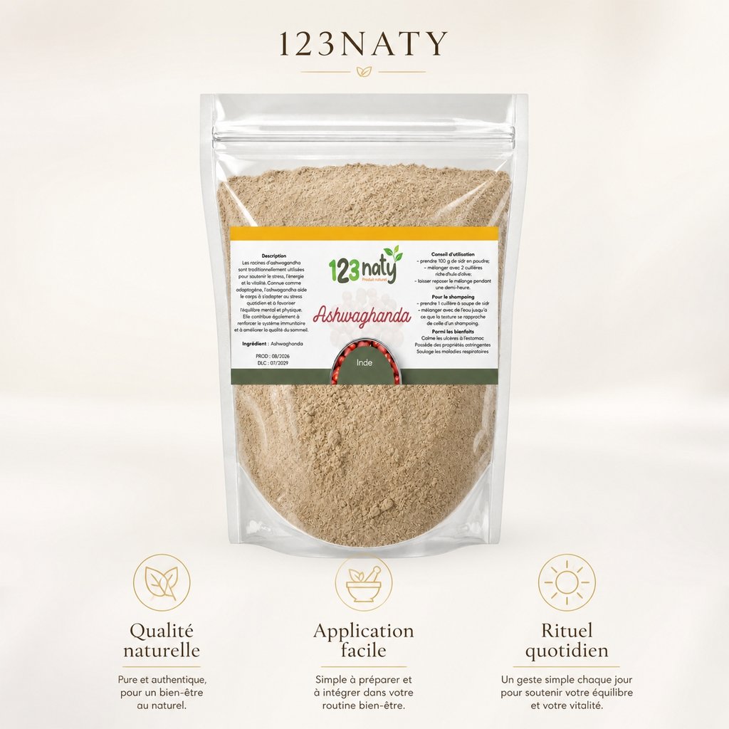 100g Ashwaghanda en Poudre | 123NATY — Infographie bénéfices clés