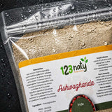 100g Ashwaghanda en Poudre | 123NATY — Détail macro du flacon
