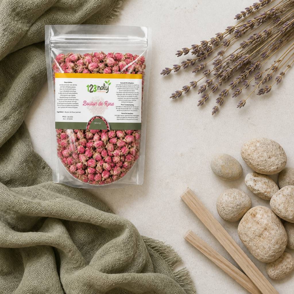 100g Bouton de Rose Séchée | 123NATY — Ambiance flat lay