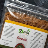 100g Cannelle en Poudre | 123NATY — Détail macro du flacon