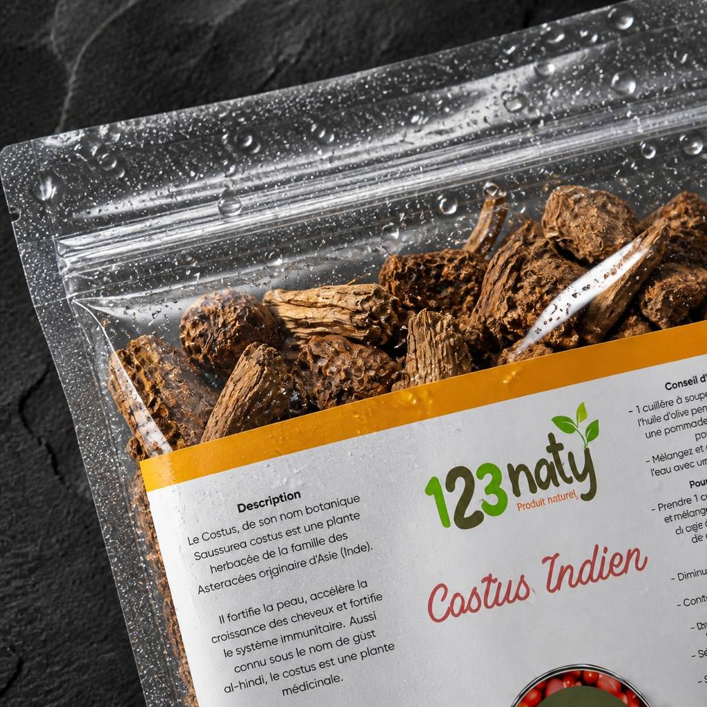 100g Costus Indien Brut | 123NATY — Détail macro du flacon