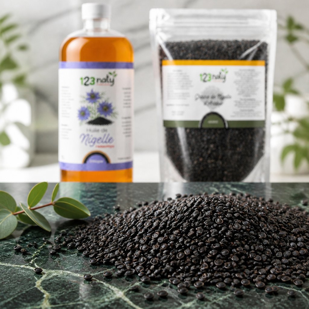 Pack 1L Huile de nigelle d'Ethiopie - Habachiya & 1Kg Graine de Nigelle d'Arabie | 123NATY — Texture en gros plan
