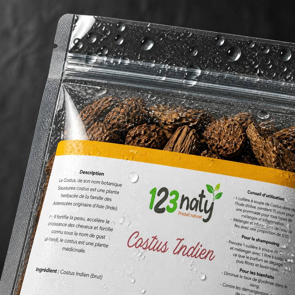 Pack 100g Costus Indien Brut & 100g Costus Marin Brut | 123NATY — Détail macro du flacon
