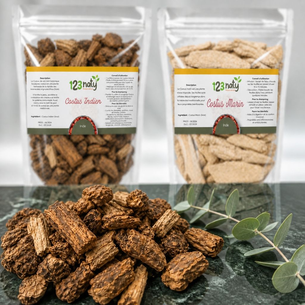 Pack 100g Costus Indien Brut & 100g Costus Marin Brut | 123NATY — Texture en gros plan